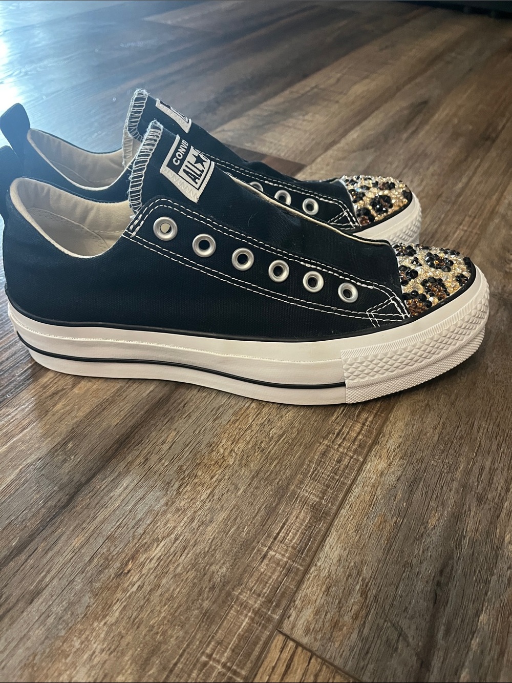 Converse Black Slip-On Sneakers with Swarovski crystal leopard print toes! - Picture 3 of 8